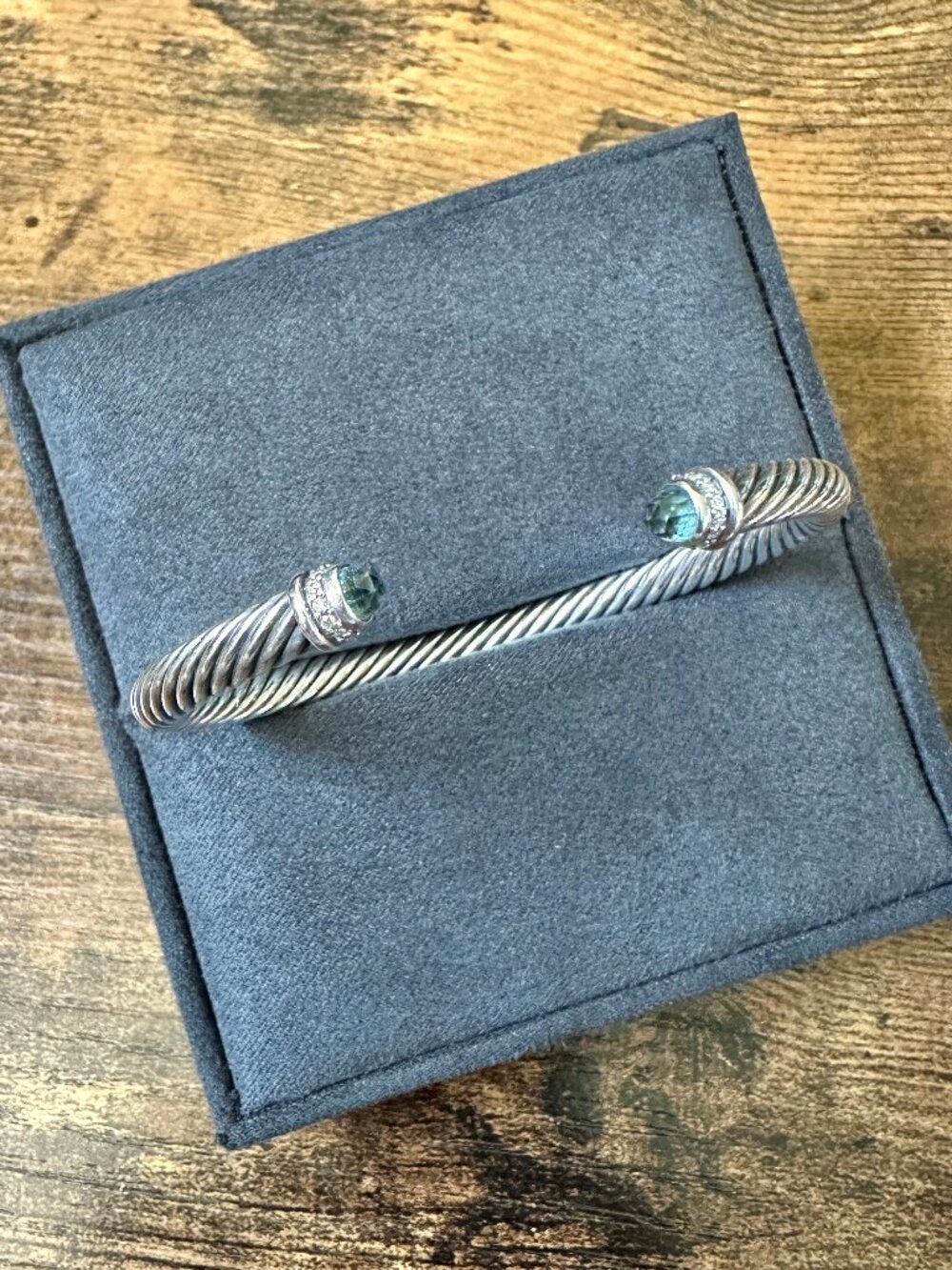 David Yurman Cable Cuff Bracelet w/ Blue Topaz & White Diamonds - 5 mm - Medium